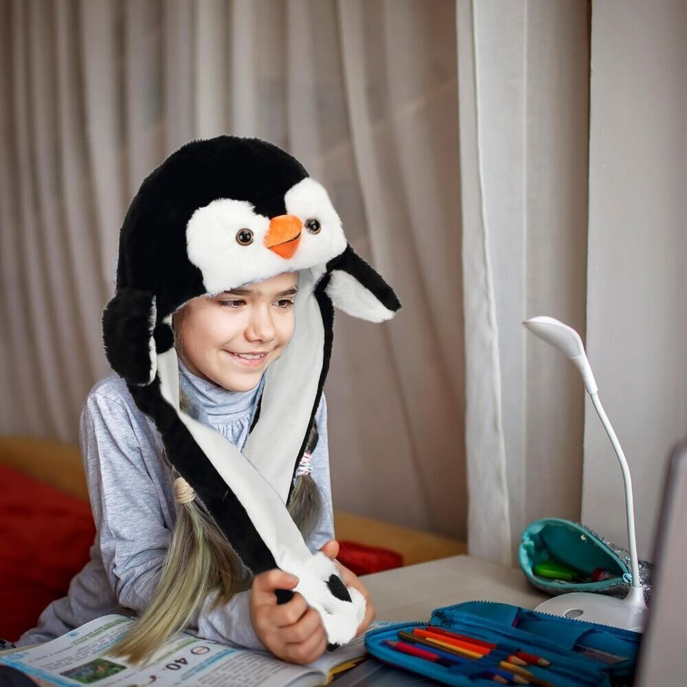 Kids Penguin Animal Hat with Ears Moving Jumping Pop Up Beating Plush Holiday - Picture 6 of 6